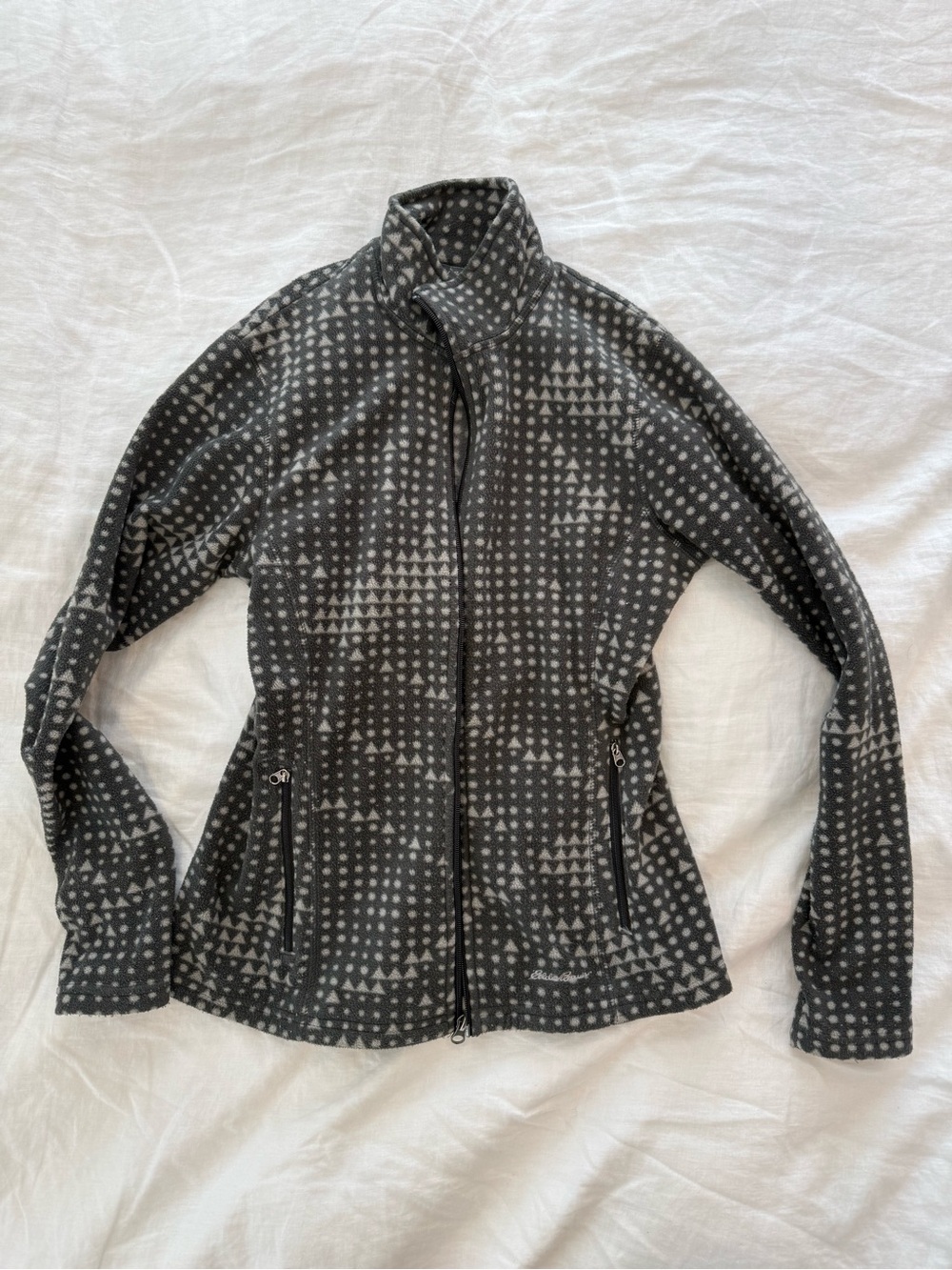Eddie Bauer XS Gray Geometric Print Full Zip Fleece Jacket Outdoor Cozy Layer